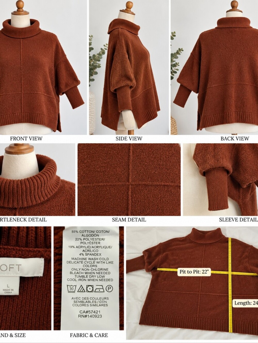 LOFT Large Rust Turtleneck Sweater Cozy Cotton Blend Fall